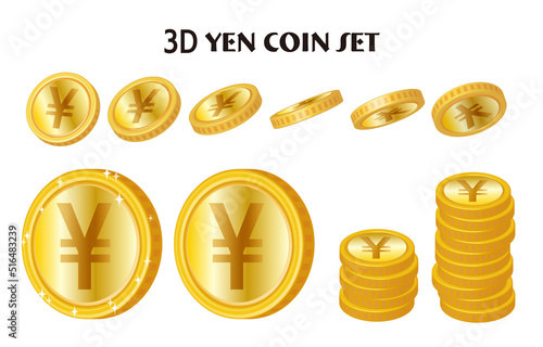 立体的な金色の円コインのイラストセット