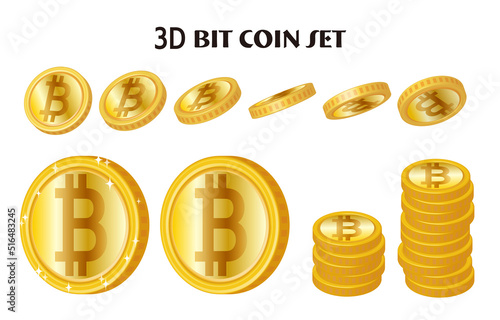 立体的な金色のビットコインのイラストセット