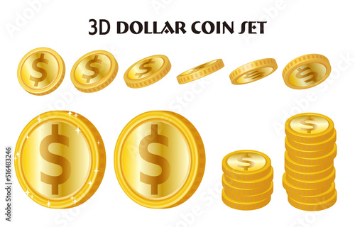 立体的な金色のドルコインのイラストセット