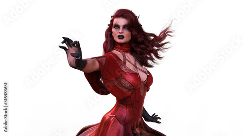 Witch Girl with Red Hair and Red Dress 