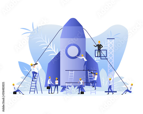 Poster with rocket people. Startup company launch concept, flat tiny person vector illustration