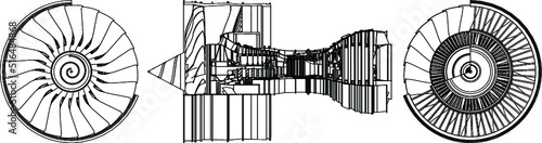 Jet engine isometrics. Vector line illustration. Concept vector illustration of advanced technology development, inheritance of skilled techniques and space development.