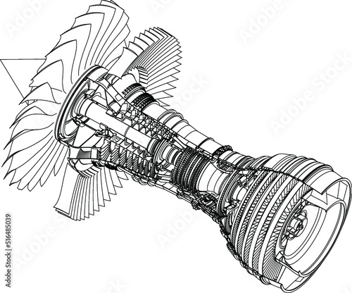 Jet engine isometrics. Vector line illustration. Concept vector illustration of advanced technology development, inheritance of skilled techniques and space development.