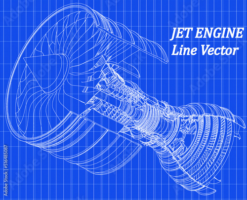 Jet engine isometrics on blue graph paper. Vector line illustration. Concept vector illustration of advanced technology development, inheritance of skilled techniques and space development.