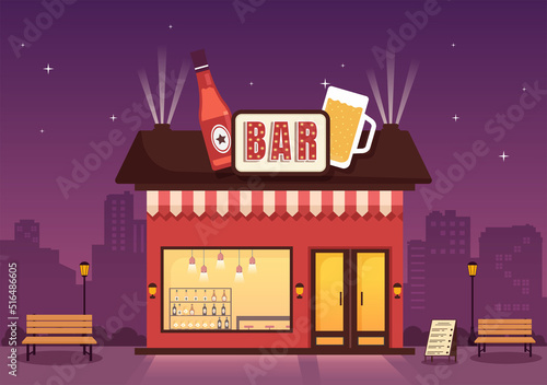 Bar or Pub Building with View at Night of Cafe Exterior in Flat Cartoon Illustration