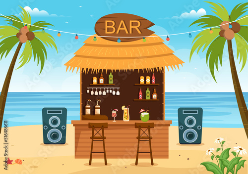 Tropical Bar or Pub in Beach with Alcohol Drinks Bottles, Bartender, Table, Interior and Chairs by Seaside in Flat Cartoon Illustration