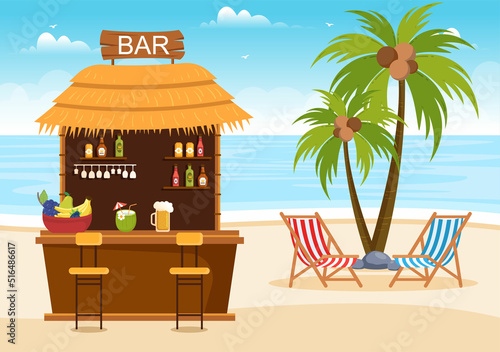 Tropical Bar or Pub in Beach with Alcohol Drinks Bottles, Bartender, Table, Interior and Chairs by Seaside in Flat Cartoon Illustration