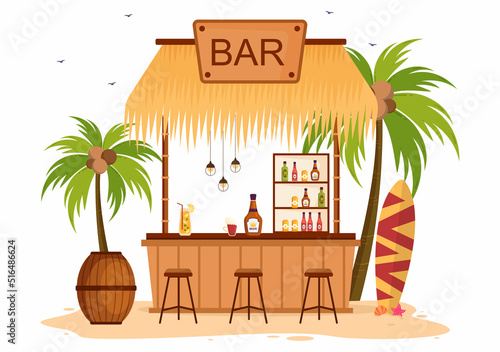 Tropical Bar or Pub in Beach with Alcohol Drinks Bottles, Bartender, Table, Interior and Chairs by Seaside in Flat Cartoon Illustration