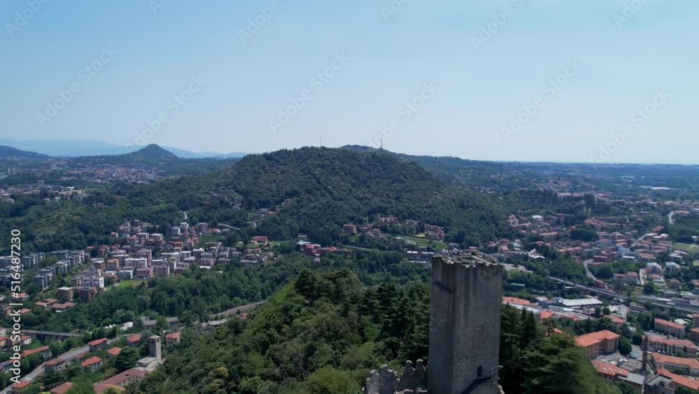 Aerial View Of Castello Baradello On Hilltop Next To City Of Como, Northern Italy. Dolly Forward Aerial View Of Castello Baradello On Hilltop Next To City Of Como, Northern Italy. Dolly Forward