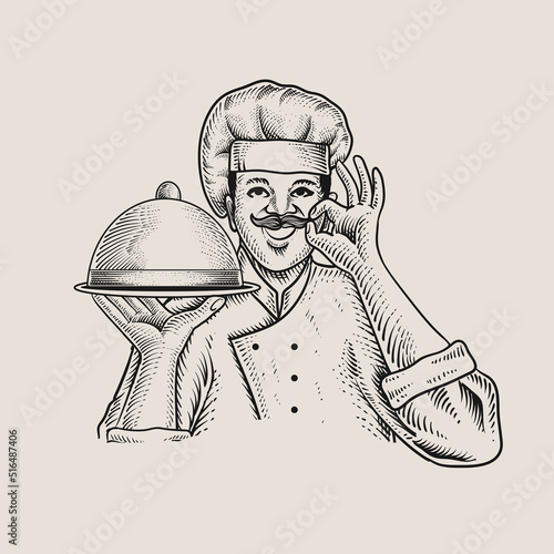 illustration chef with engraving style