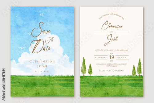 Watercolor blue sky big cloud landscape background wedding invitation set