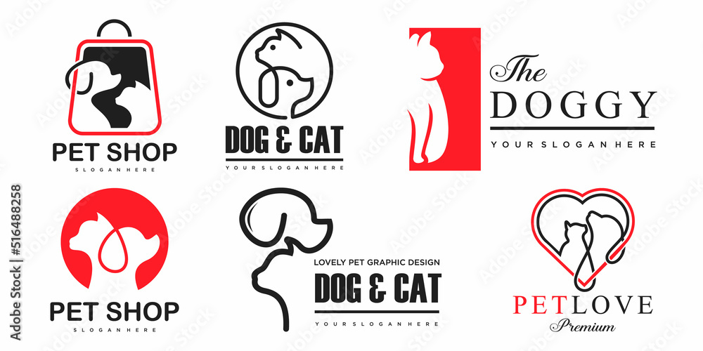 Pet shop logo design with using dog and cat icon set vector template