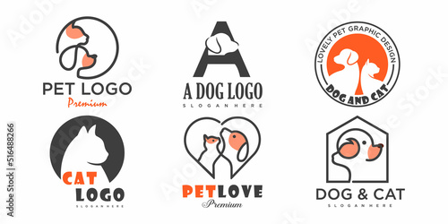 Pet shop logo design with using dog and cat icon set vector template