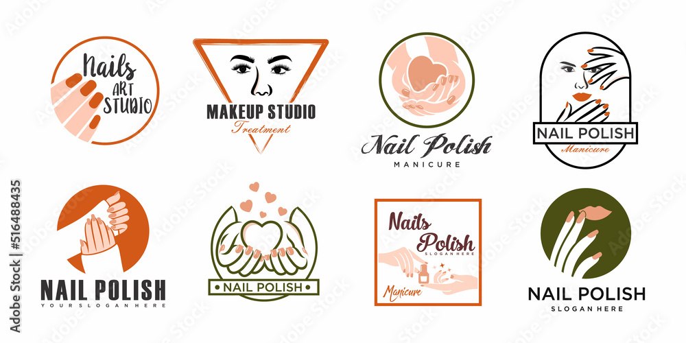 Nails art and eyelash salon vector logo.Illustration of woman hands with elegant,beautiful manicure.