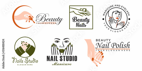 Nail salon icon set logo, nail bar or manicurist concept