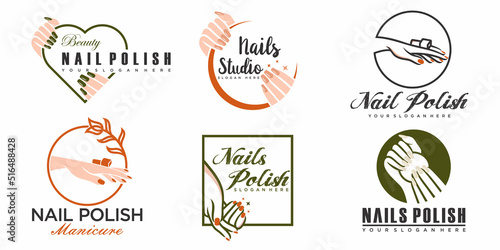 Nails art salon vector logo.Illustration of woman hands with elegant, beautiful manicure.