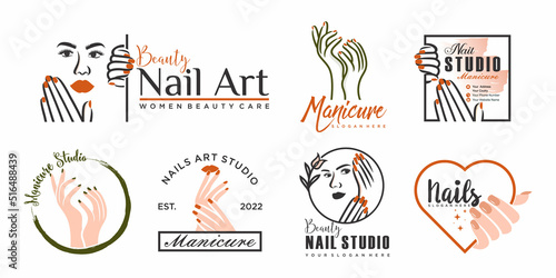 Nails art and eyelash salon vector logo.Illustration of woman hands with elegant,beautiful manicure.