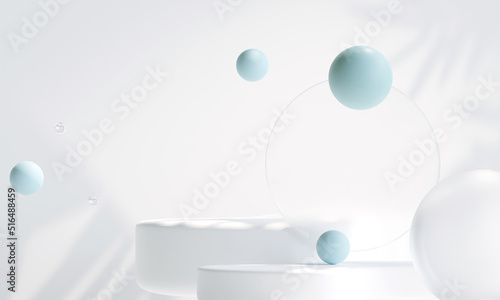 3D cylinder pedestal podium with floating spheres for product presentation background, Minimal scene for products showcase, 3d rendering © fgnopporn