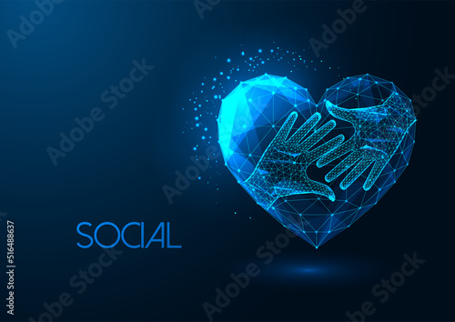Concept of social relationship, humanity, humanitarian aid with heart shape and two hands on blue
