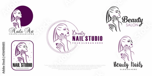 beauty women and hand with red manicure nails. Beauty Logo, nails art.
