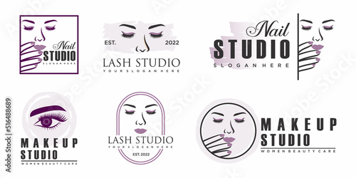beauty women and hand with red manicure nails. Beauty Logo, nails art.