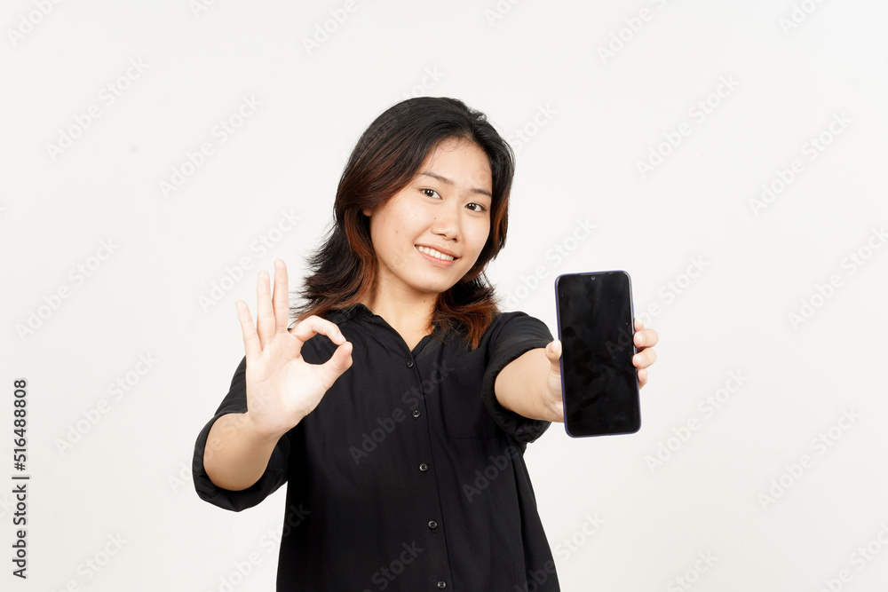 Showing Apps or Ads On Blank Screen Smartphone of Beautiful Asian Woman Isolated On White Background Showing Apps or Ads On Blank Screen Smartphone of Beautiful Asian Woman Isolated On White Background