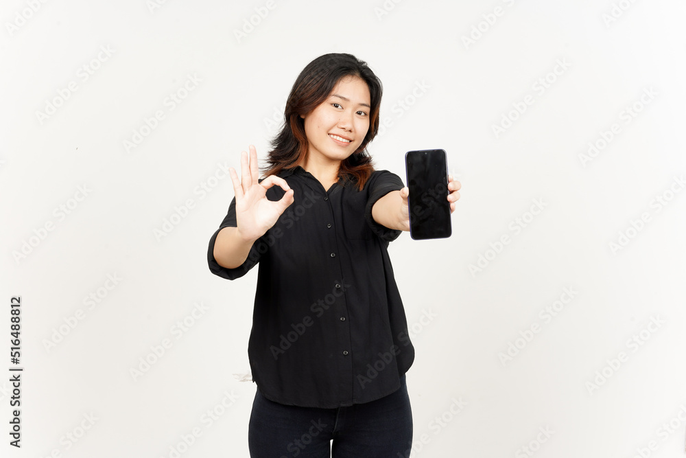 Showing Apps or Ads On Blank Screen Smartphone of Beautiful Asian Woman Isolated On White Background Showing Apps or Ads On Blank Screen Smartphone of Beautiful Asian Woman Isolated On White Background