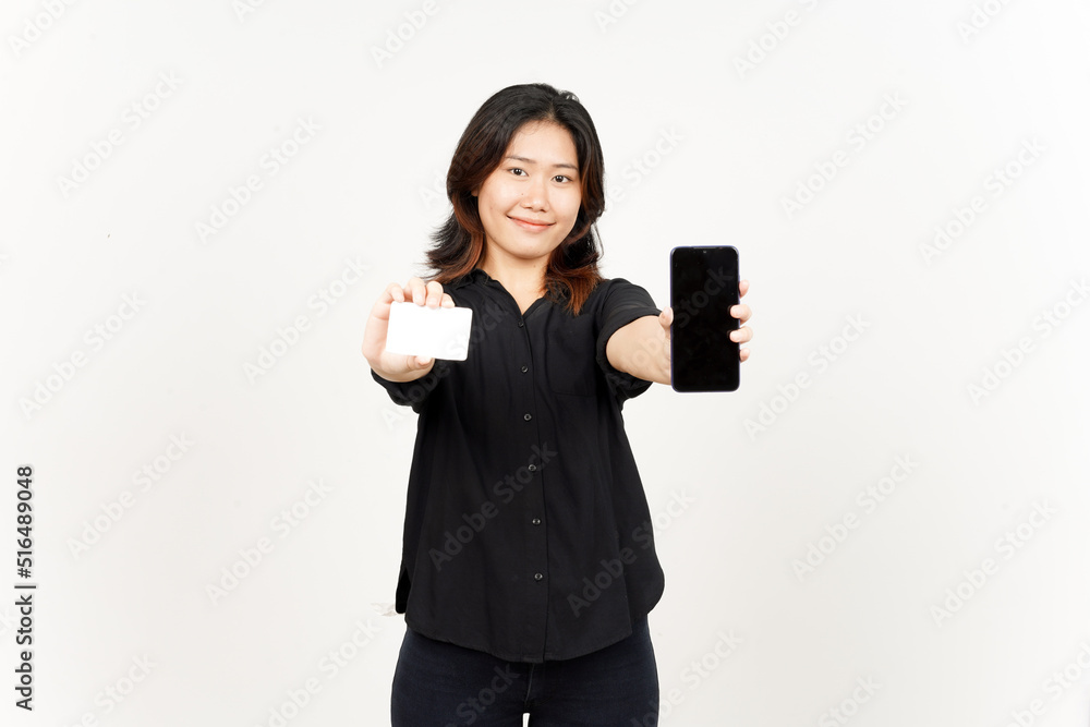 Holding Blank screen smartphone and credit bank card of Beautiful Asian Woman Isolated On White Holding Blank screen smartphone and credit bank card of Beautiful Asian Woman Isolated On White