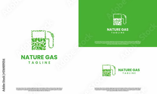 natural gas logo design, gas pump with leaf logo design icon template