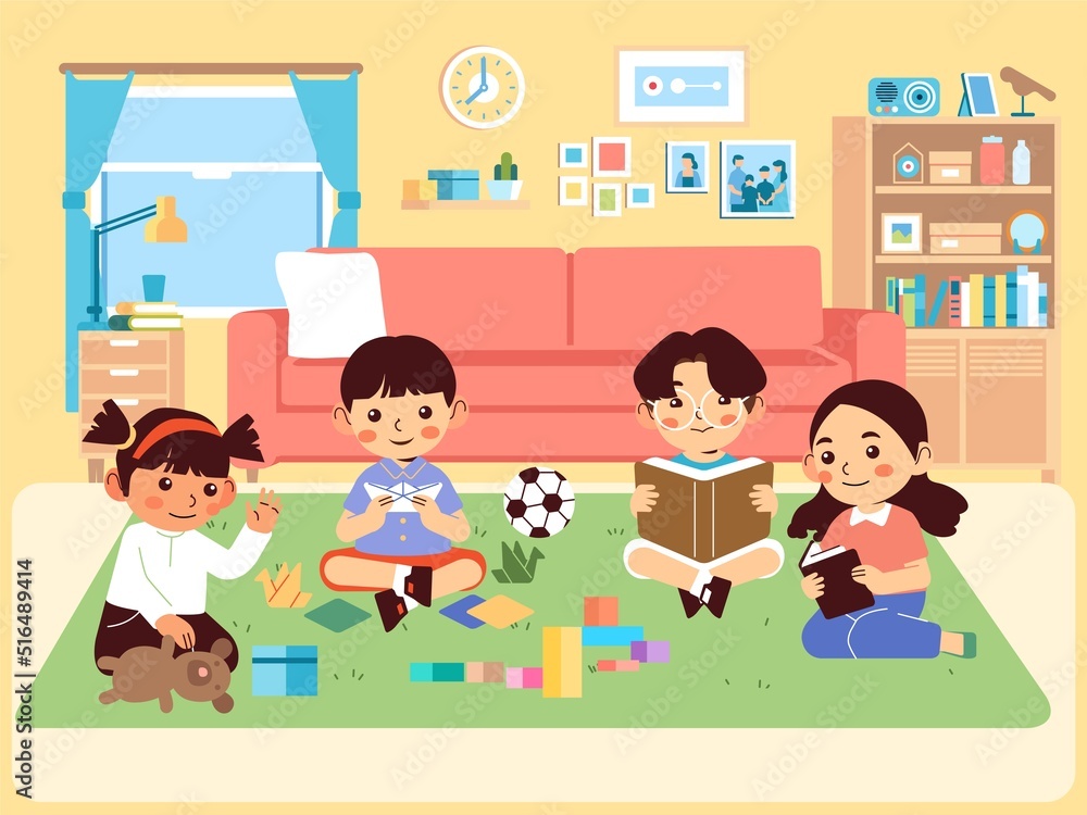 Boys and girls playing and studying in the living room, playing origami, dolls and reading a book Boys and girls playing and studying in the living room, playing origami, dolls and reading a book