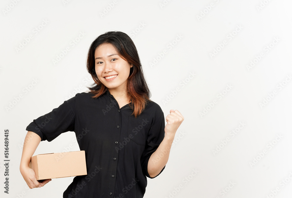 Happy Celebration and Holding Package Box or Cardboard Box of Beautiful Asian Woman Happy Celebration and Holding Package Box or Cardboard Box of Beautiful Asian Woman