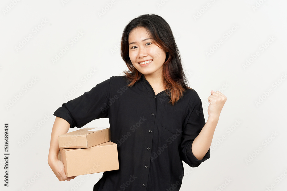 Happy Celebration and Holding Package Box or Cardboard Box of Beautiful Asian Woman Happy Celebration and Holding Package Box or Cardboard Box of Beautiful Asian Woman