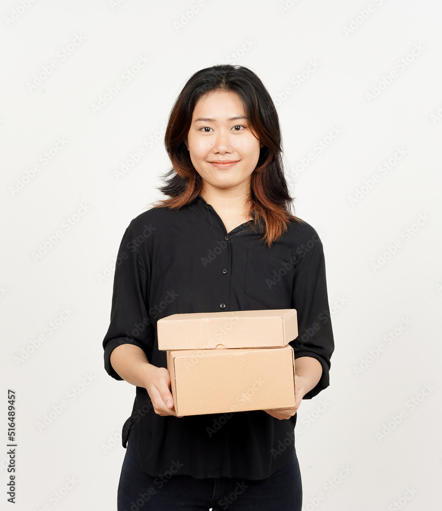 Holding Package Box or Cardboard Box of Beautiful Asian Woman Isolated On White Background Holding Package Box or Cardboard Box of Beautiful Asian Woman Isolated On White Background