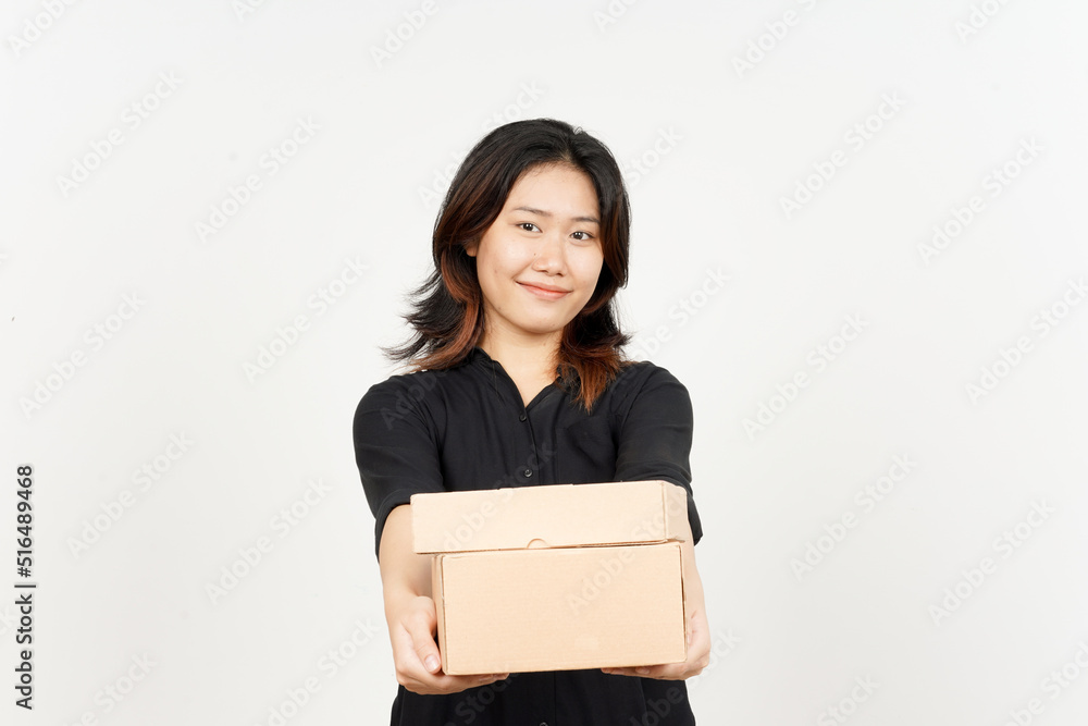 Holding Package Box or Cardboard Box of Beautiful Asian Woman Isolated On White Background Holding Package Box or Cardboard Box of Beautiful Asian Woman Isolated On White Background