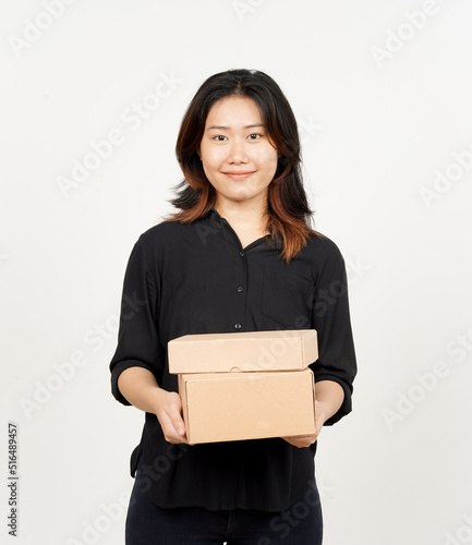 Holding Package Box or Cardboard Box of Beautiful Asian Woman Isolated On White Background © Sino Images Studio