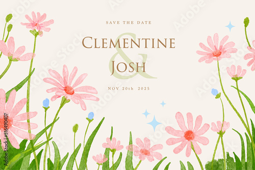 Wedding invitation card with pink flower field watercolor background