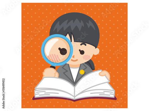 虫眼鏡を使って辞書を見ている弁護士の女性