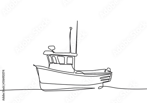 Boat One Line Drawing, Vector Continuous Single Line Art Isolated on White Background. Fishing Boat Minimalism Hand Drawn Style. Minimalist Sketch Contour Art.