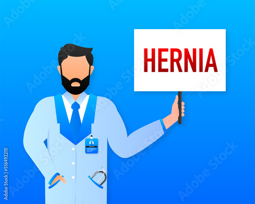 Hand holding signboard with text - hernia. Man showing billboard banner. Vector illustration. photo