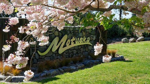 Motueka sign at the entrance to, Motueka, Tasman region, Aotearoa / New Zealand photo