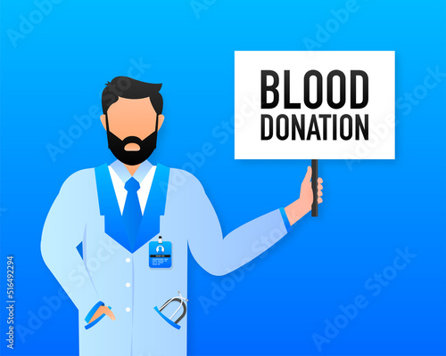 Hand holding signboard with text - blood donation. Man showing billboard banner. Vector illustration.