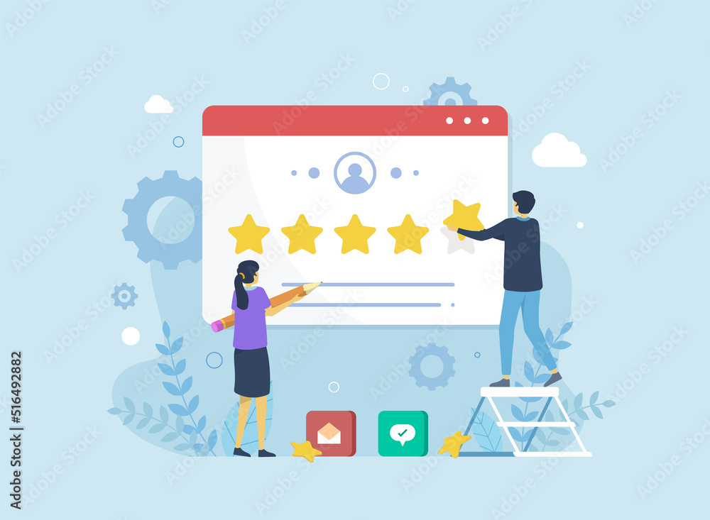 People сharacters giving five star feedback. customer reviews, star rating concept, leaving feedback and comments, social media concept, Flat cartoon vector illustration and icons set.