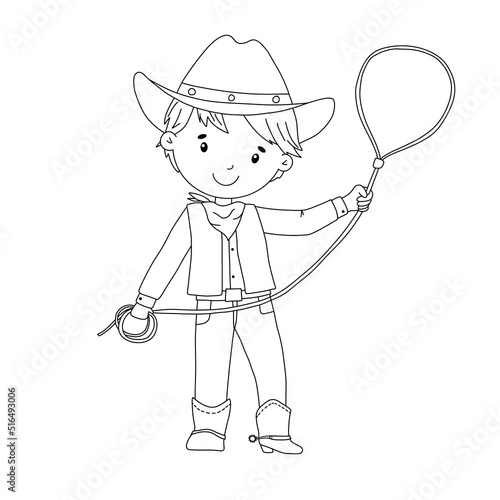 Line cowboy boy in costume. Cute childish outline illustration isolated on white for coloring page