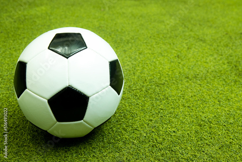 Black and white football ball on the green artificial grass field for sport background. © CREATIVE WONDER
