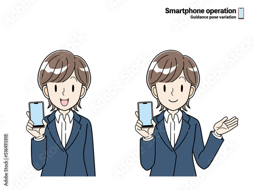 スマホ画面を見せて説明するビジネスパーソン　指差しポーズ