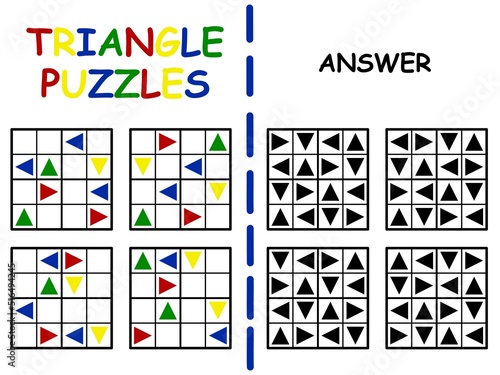 Triangle puzzles set for kids vector illustration. Sudoku set with colorful turned triangles. Complete sudoku with re, blue, green and yellow triangles vector