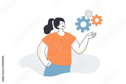 Female leader holding and moving gears and cogwheels. Support for mechanism from engaged girl flat vector illustration. Work, leadership concept for banner, website design or landing web page