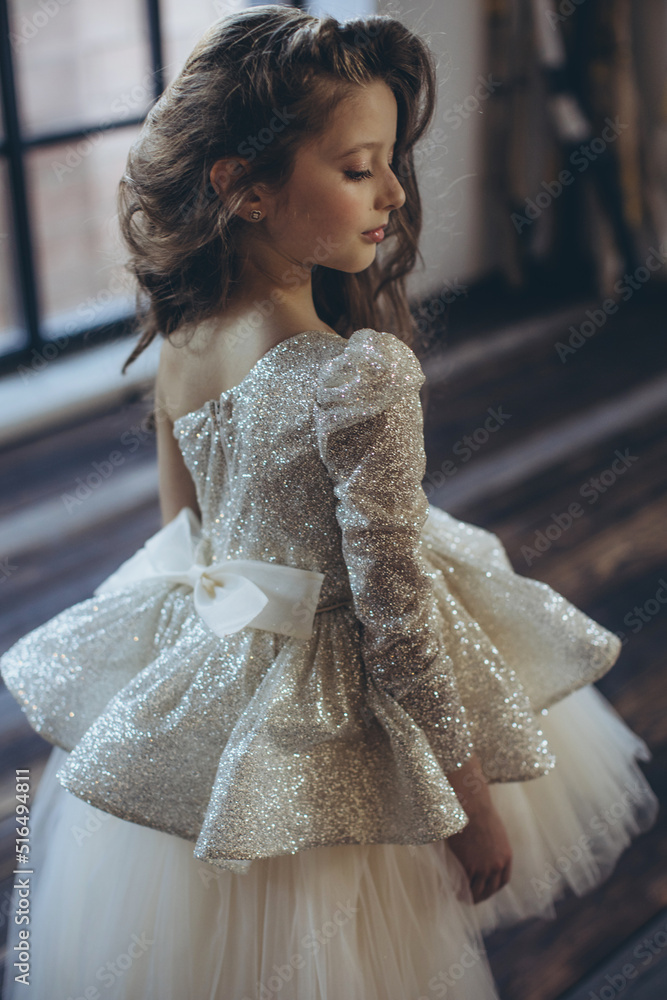 Naklejka premium Happy little girl in a beautiful dress. High quality photo