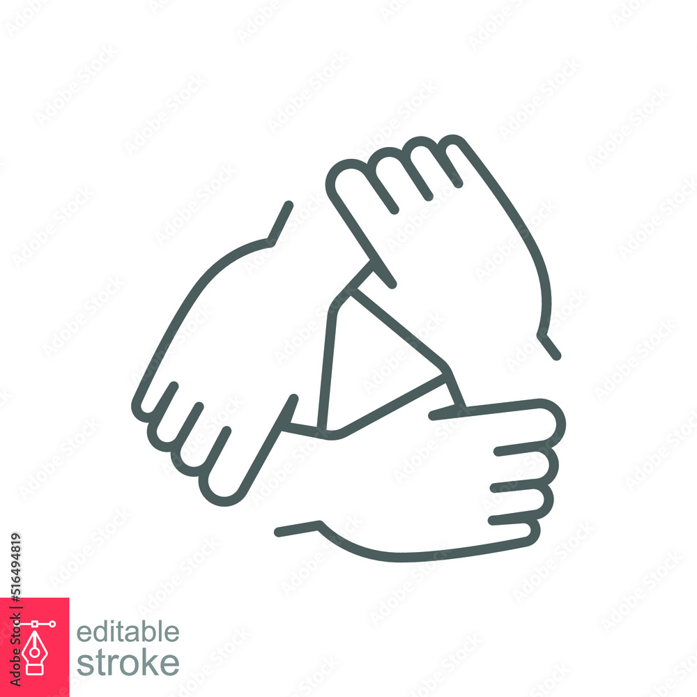 Obraz premium Three hands support each other line icon. Simple outline style. Team, hand, work together, partnership, group, help, concept of teamwork. Vector illustration design isolated. Editable stroke EPS 10
