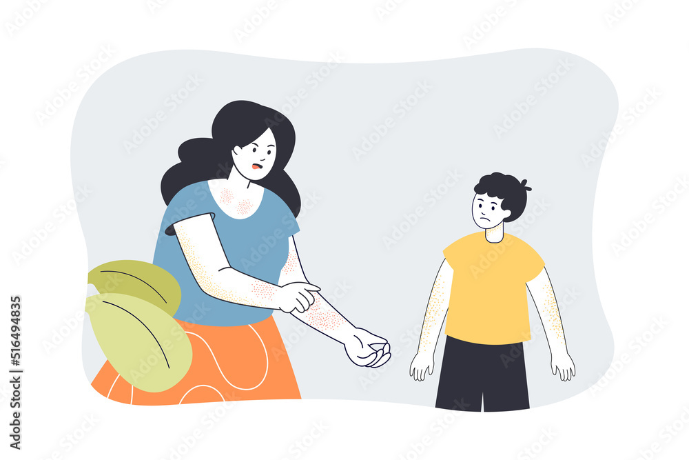 Allergy to poison plants in mother and son. Sick woman and boy with allergic rash on skin of arms and forearms flat vector illustration. Allergen concept for banner, website design or landing web page